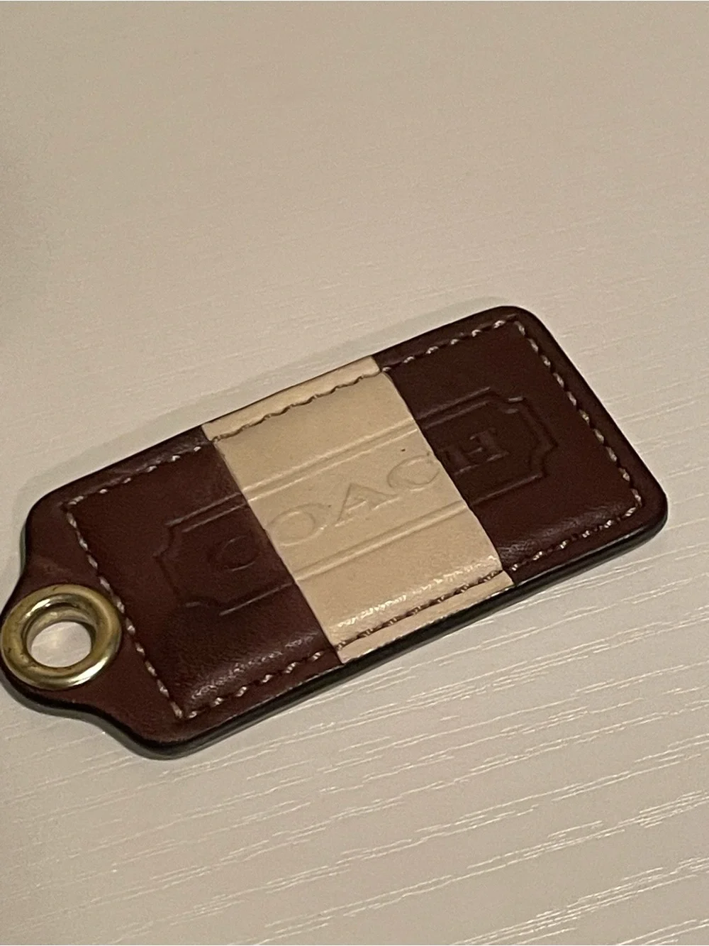 Authentic Coach Leather Key Fob with Contrast Strap - Brown & Cream